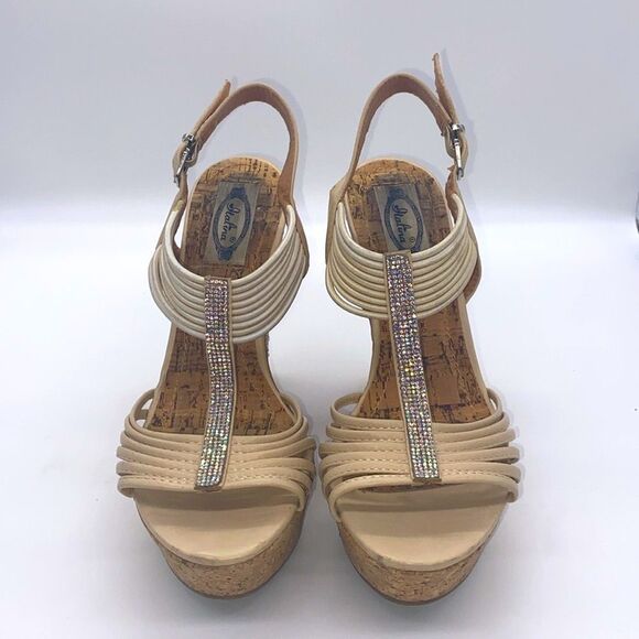 ✨ Italina Cream & Brown Embellished Wedge Sandals with Cork Platform✨GUC✨ - Picture 5 of 17